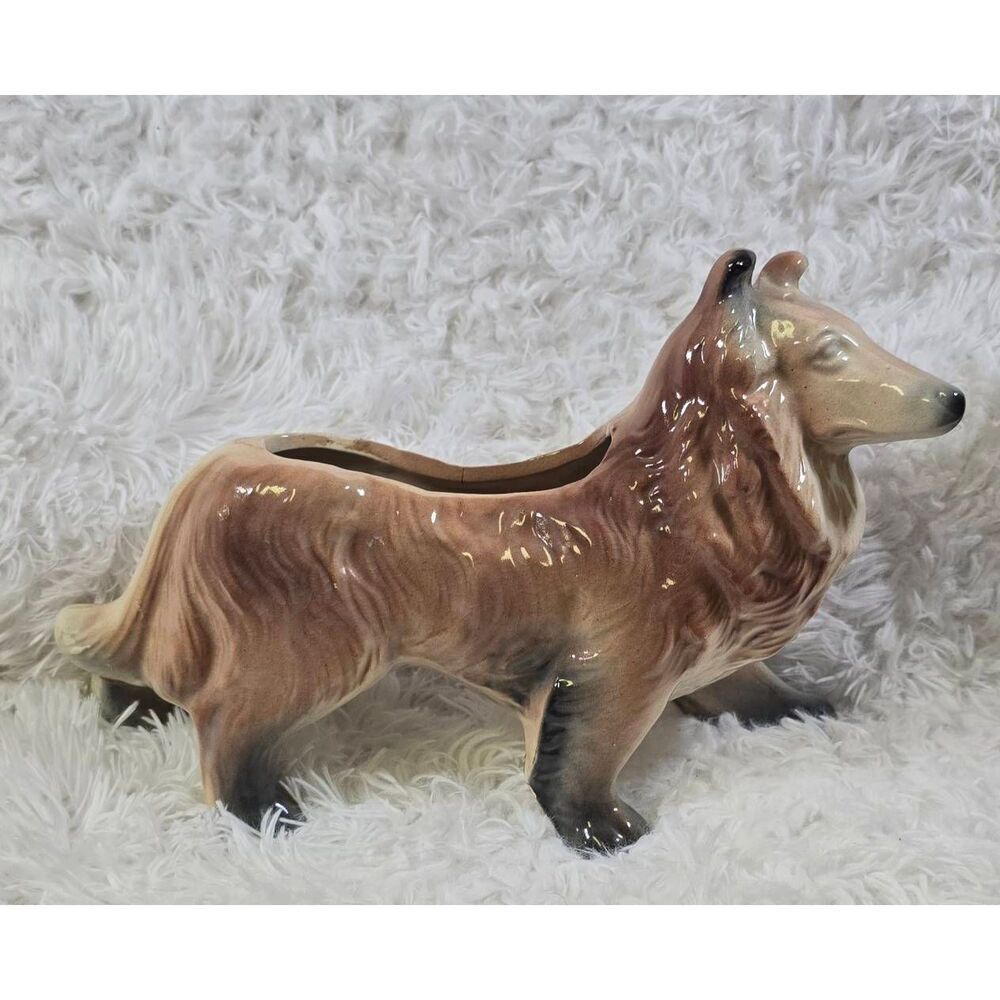 Vintage Collie Dog Ceramic Pottery Planter
